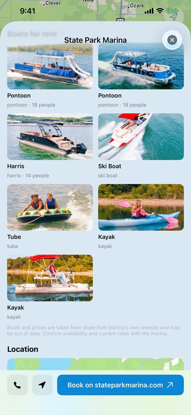 Seven boats State Park Marina rents, each with a photo and capacity.