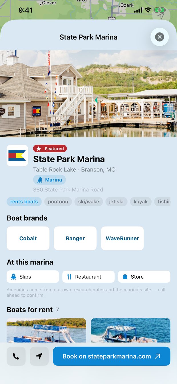 State Park Marina's page in Lake Pass, showing boat brands and dock amenities.