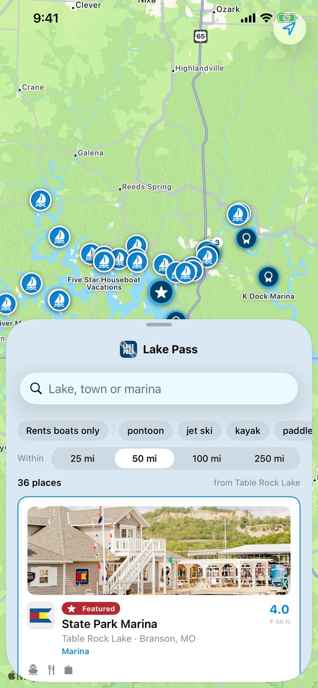 Lake Pass showing marinas pinned across Table Rock Lake, State Park Marina at the top of the results.
